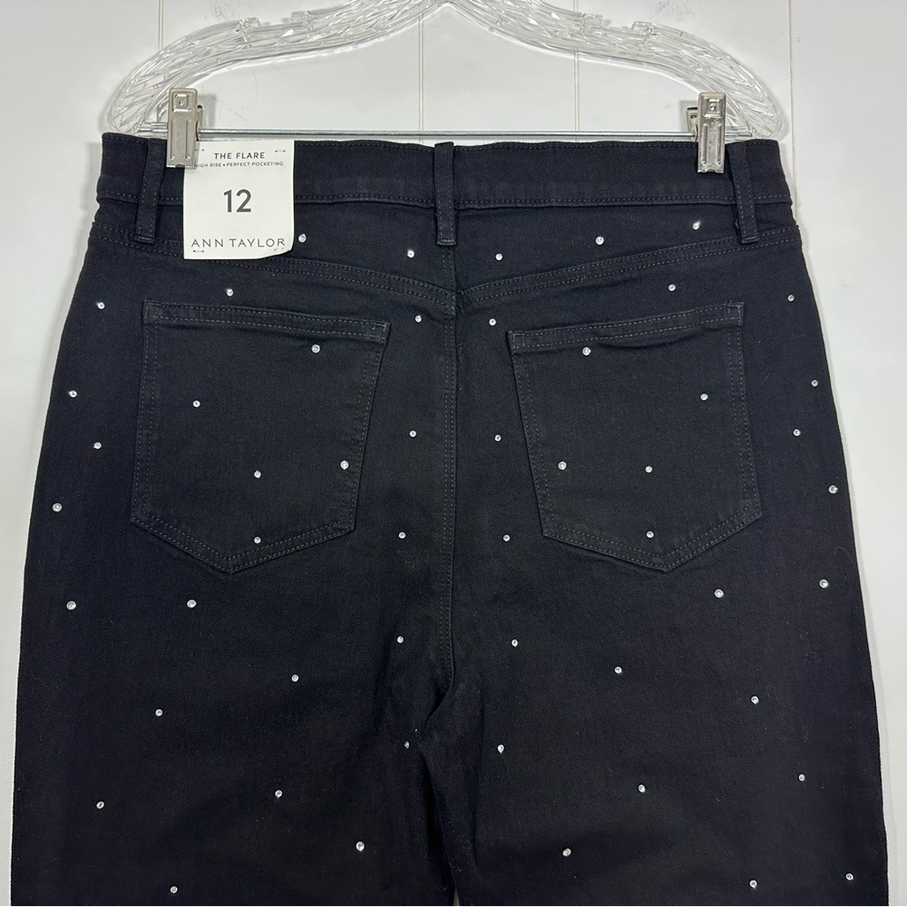 NWT Ann Taylor Sz 12 The Flare Crystal High Rise Embellished Black Denim Jeans - Picture 4 of 9
